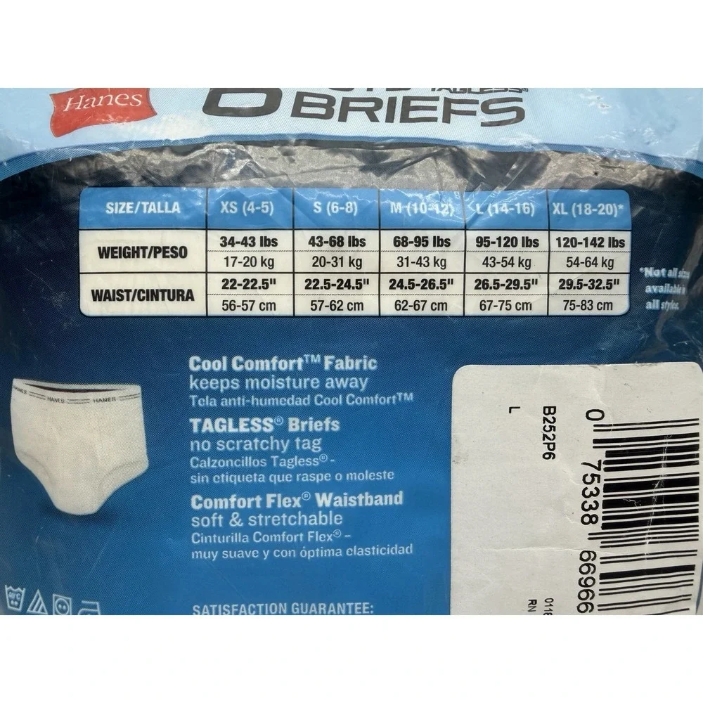 Hanes 6‎ Pack Tagless White Boys Briefs Underwear Size L Large (14-16) NIP